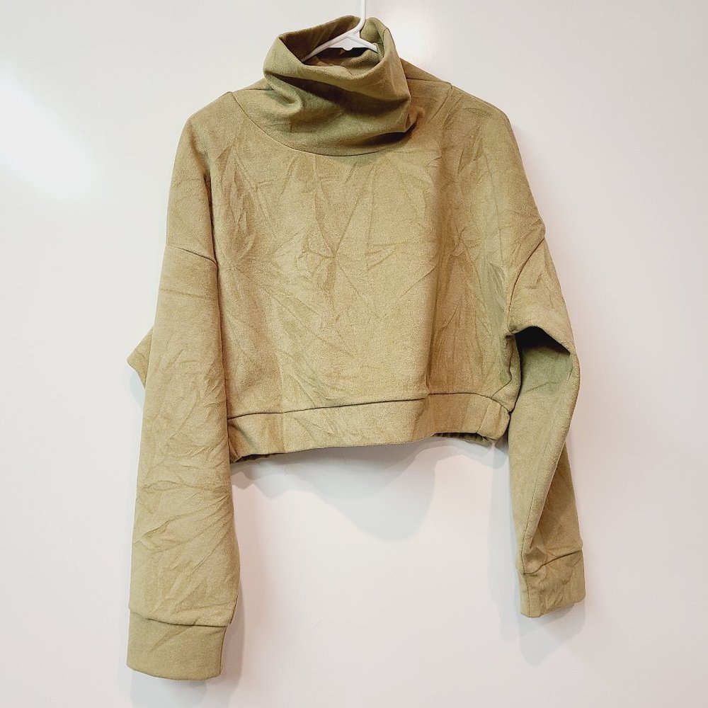 Oak + Fort Tan Faux Suede Crop Top Long Sleeve Turtleneck Extra Small